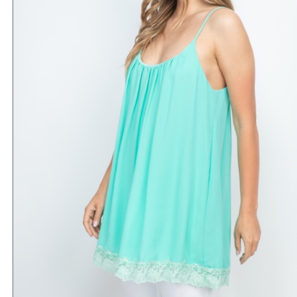 Aqua Mint sleeveless strappy scoop neck lace trim hem detail flowy tunic top. - Picture 13 of 16